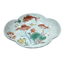 Oriental bowl of shallow form decorated with painted koi fish and sea plants, L25cm