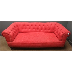  Early 20th century 'Howard & Co.' style walnut framed Chesterfield sofa, with turned front feet, upholstered in pink buttoned fabric, ceramic castors, W196cm, D85cm  