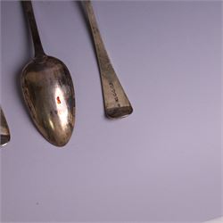 Three silver Old English pattern table spoons, including George III pair, and a set of six 1930s silver forks, all with engraved initials, all hallmarked