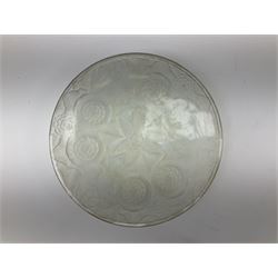 Early 20th century French opalescent shallow glass dish, with moulded floral decoration, D31.5cm