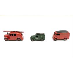 Dinky - seven unboxed and playworn early commercial vehicles comprising Streamlined Fire Engine, Loudspeaker Van, Trojan Oxo van, Telephone Service Van, Royal Mail Van and two unpainted trucks (7)