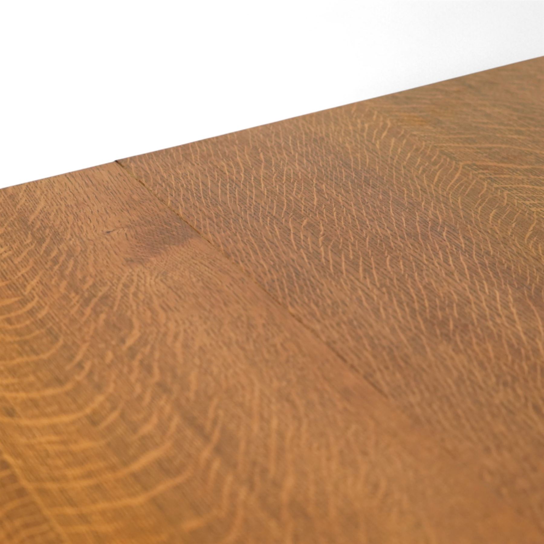 Contemporary solid oak refectory dining table, rectangular quarter-sawn top displaying pronounced medullary rays, on square chamfered legs united by stretchers