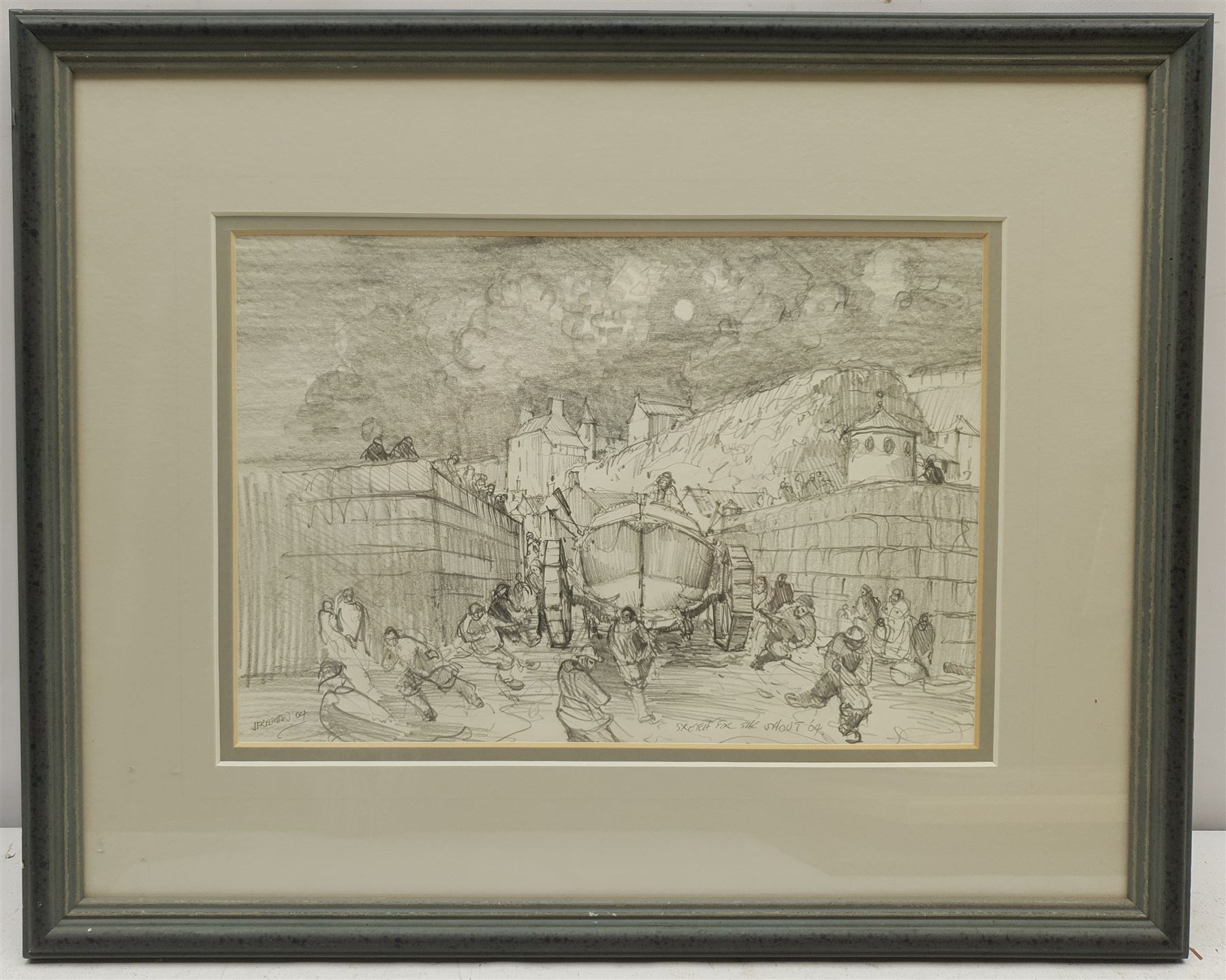 John Freeman (British 1942-): 'Sketch for 'The Shout'', pencil signed titled and dated '04, 19cm x 28cm, together with a postcard depicting the final watercolour 
Notes: this scene depicts coxswain Henry Freeman (1835-1904) overseeing the launch of the Whitby lifeboat 'Robert and Ellen Robson' c.1890. Freeman was the only survivor of the Whitby Lifeboat disaster of 9th February 1861, when over 200 ships were wrecked off the North East coast.
