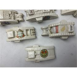 Twelve crested china models of WW1 tanks by Grafton, Arcadian and Carlton china etc with crests from Caistor Lincs, Saffron Walden, Paignton, Evesham etc  , together with a crested china model of the R.M.S Lusitania with New Brighton crest and a two-handled vase for 'The Forts Boxhill' (14)