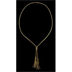 9ct gold tassel necklace set with a single round brilliant cut diamond, London import mark