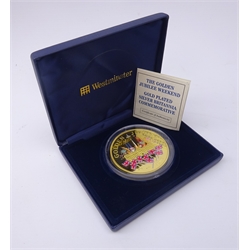  Five ounce silver coin 'The Golden Jubilee Weekend Gold Plated Silver Britannia Commemorative' dated 2002, cased with certificate  