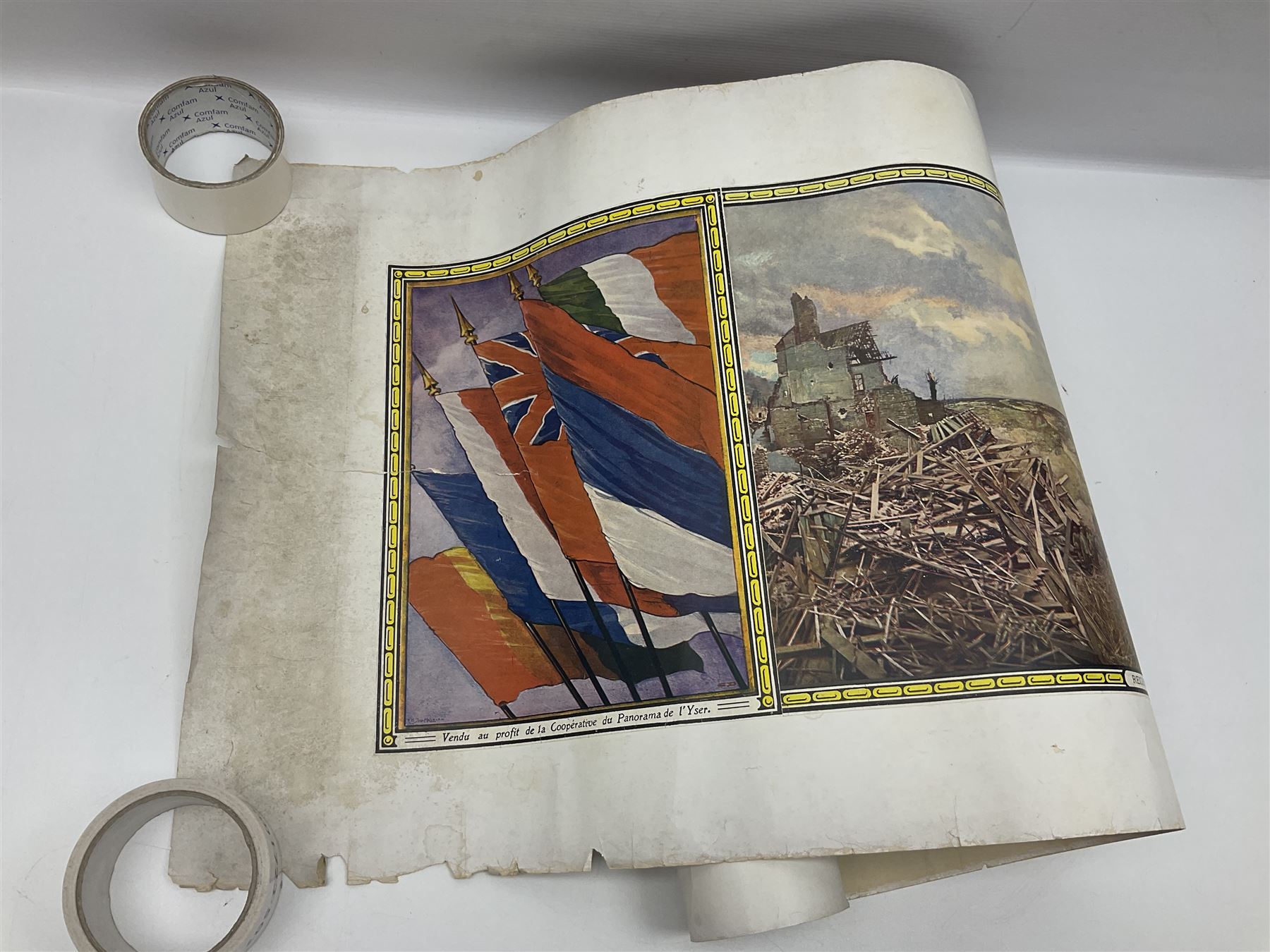 After A. Bastien, very long WW1 panoramic colour print entitled 'Panorama of the Battle of the Yser in 1914' depicting Ypres, Dixmude, Boucle de Tervaete, Nieuport (2) and region des Dunes, flanked by Flags of the Allies 45 x 337cm; unframed