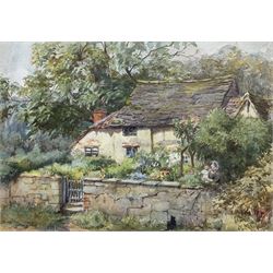 EM Glennie (British Early 20th Century): 'Child and Woman Outside a Cottage', watercolour signed and dated 1908, titled in a later hand upon label verso 18cm x 26cm