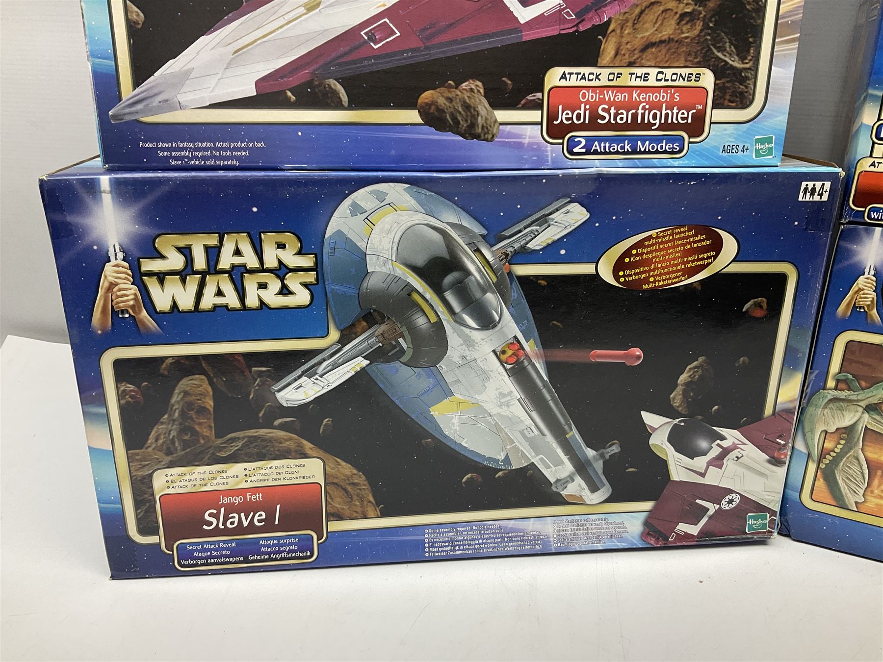 Star wars - Attack of the Clones - Jango Fett Slave 1; Obi-Wan Kenobi's Jedi Starfighter; Reek Arena Battle Beast; Acklay Arena Battle Beast; two x Anakin Skywalker Speeder; and Zam Wesell Speeder; all in sealed boxes (7)