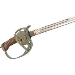 Prussian Cavalry sword Model 1889, with 77cm single edge blade, the folding guard incorporating the Imperial Prussian eagle, stirrup knuckle bow,  in black painted steel scabbard with single suspension ring, overall L94cm 