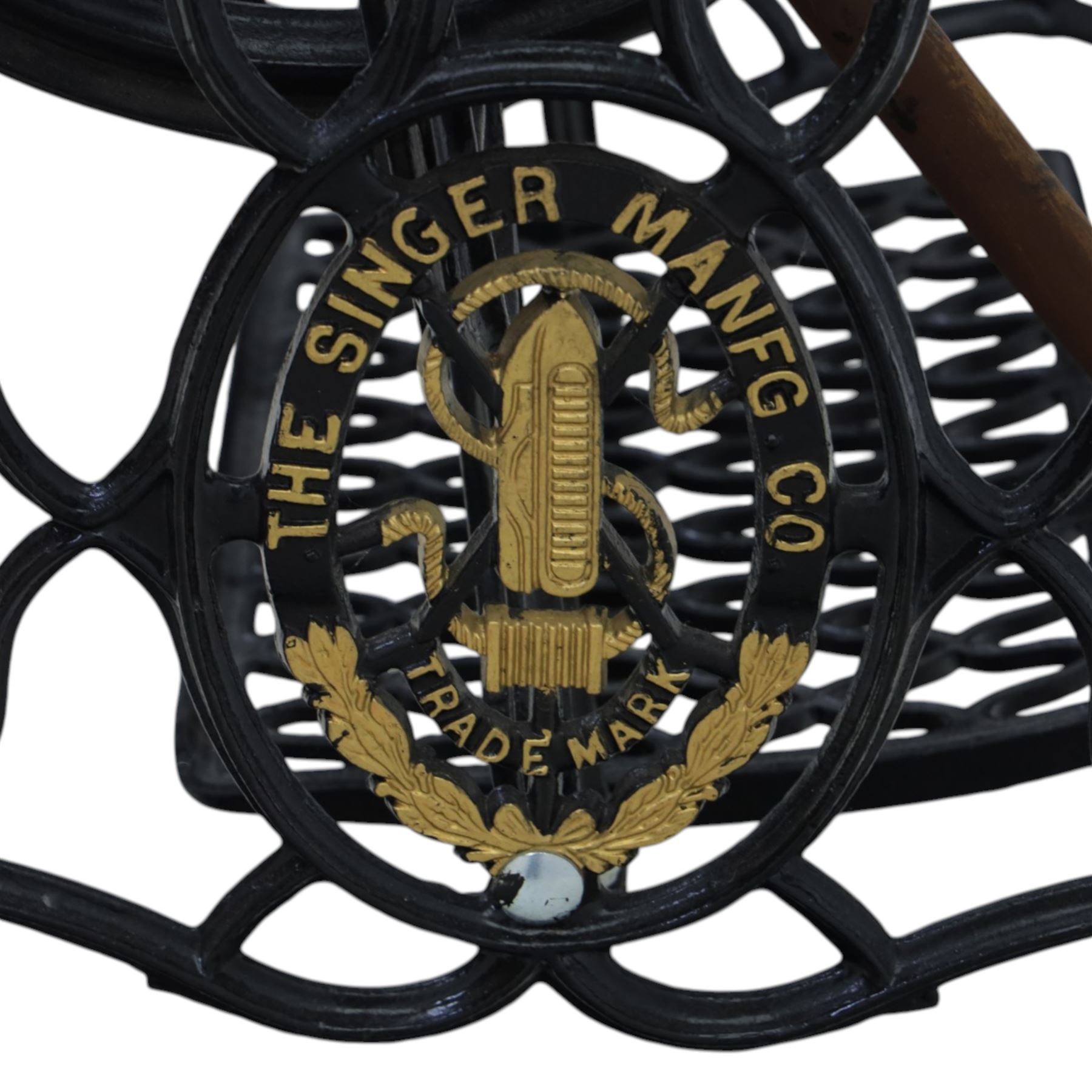 Sewing machine table with glass top, with Singer wrought metal base and foot pedal