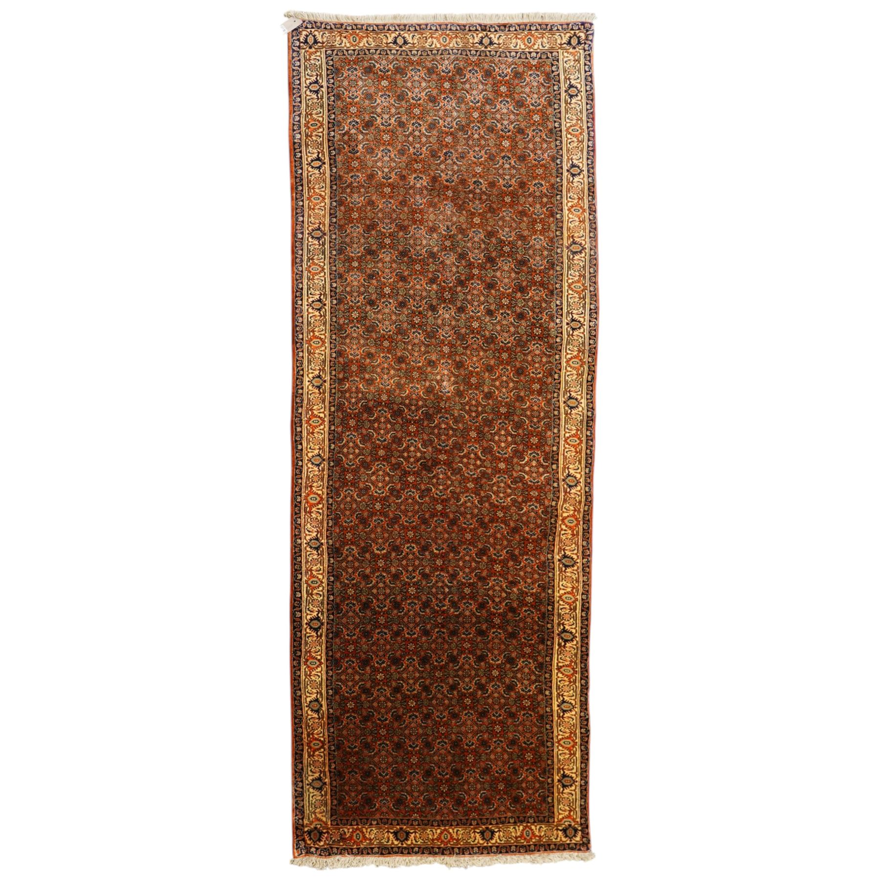 North West Persian Bidjar hand-knotted runner, terracotta field with a repeating mahi design of stylized rosettes and angular floral motifs within a lattice incorporating navy and ivory highlights, ivory principal border with a continuous angular vine of palmettes and serrated leaves, flanked b narrow guard brdoers, with cotton fringe ends 