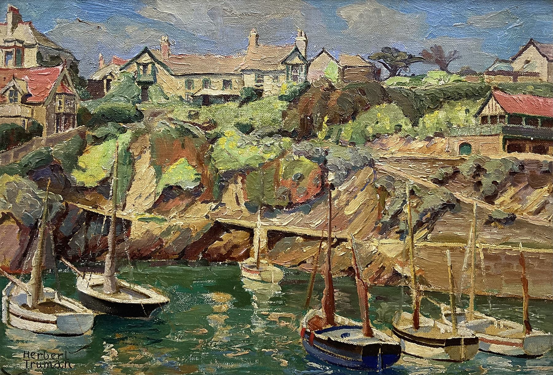 Herbert Truman (St. Ives 1883-1957): ‘Corner of Newquay Harbour’, oil on board signed, titled on label verso 31cm x 45cm