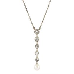 Early 20th century white gold diamond and pearl pendant necklace, five graduating old cut diamonds with a single pearl, on a trace link chain necklace