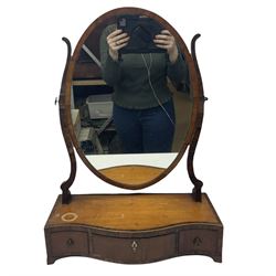 Regency satinwood and rosewood toilet mirror, oval swing mirror over serpentine front base fitted with three drawers, on bracket feet