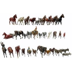 Lead figures by F.G. Taylor, Britains, Johilco, Crescent, Stoddart etc comprising twenty-six horses including three with riders and seven donkeys/ponies; various scales (33)