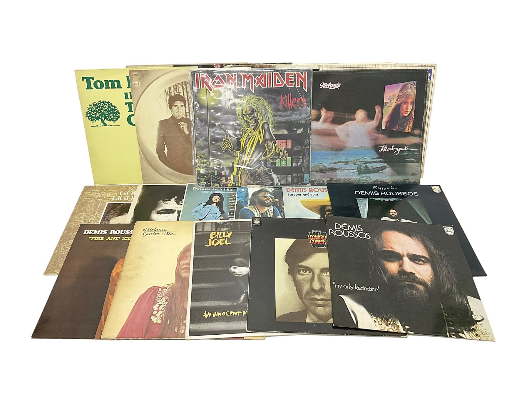 Vinyl LP records including Iron Maiden Killers, Leonard Cohen, Billy Joel, Demis Roussos etc