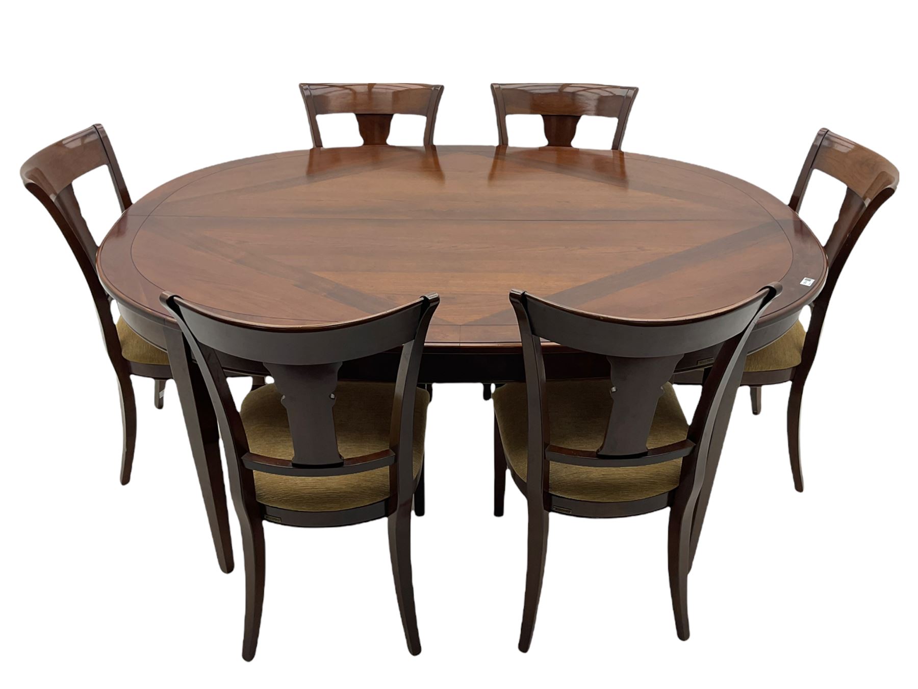 Grange Furniture - cherry wood finish oval extending dining table on square tapering supports, and a set of eight dining chairs with curved backs and upholstered seats 