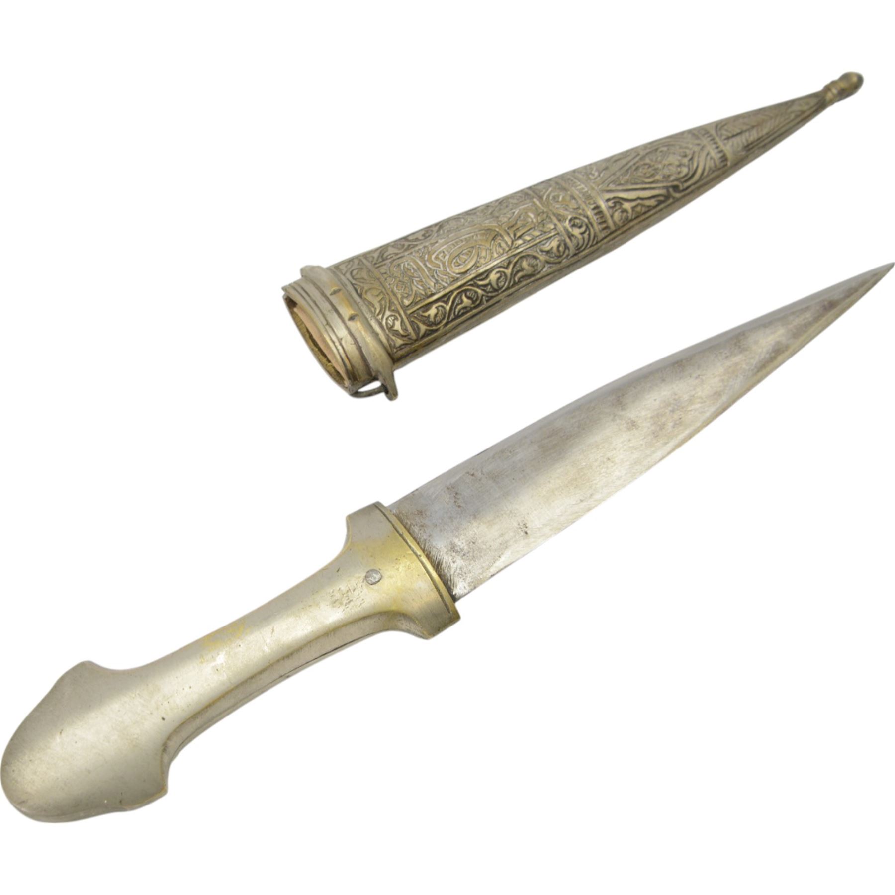 Kindjal dagger, the handle and scabbard decorated with figures and animals, together with middle eastern curved dagger and other knives and weapons 