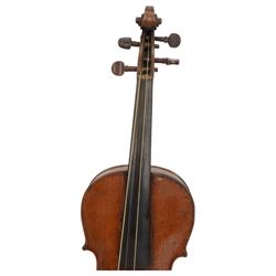 18th century Violin with bow, scroll with ebony pegs, fingerboard and tail piece, body length 60cm in  a fitted hard case. Internal label reads Joannes Georgius Thir, Vienna 1776.