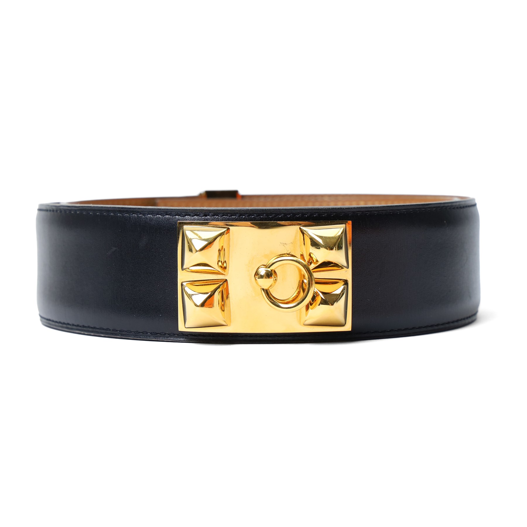 Hermès - ‘Collier de Chien 50’ black leather belt, with yellow gold-tone pyramid stud and hardware, size 80, with original box