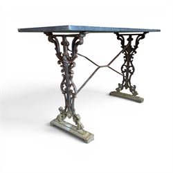 Edwardian ornate cast iron garden table, later rectangular granite top