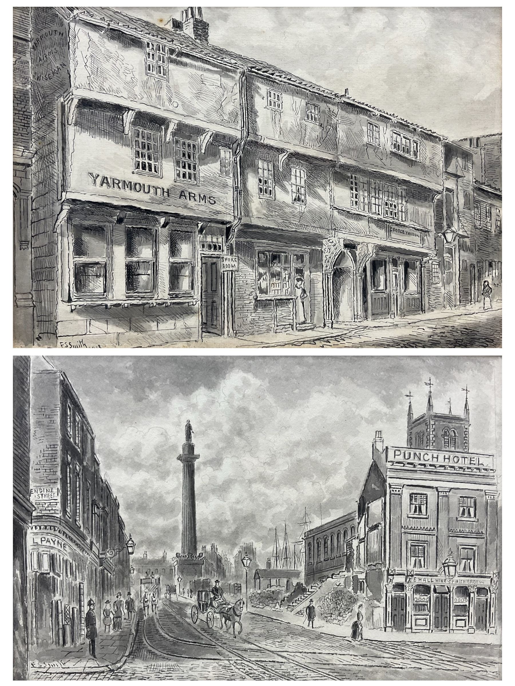 Frederick Schultz Smith (Hull 1860-1925): 'Yarmouth Arms' and the Wilberforce Monument - Hull, two monochrome watercolours and ink signed, the former dated 1913, 15cm x 21cm and 13cm x 19cm (2) 
Notes: the Yarmouth Arms was located near George Yard Entry on High Street and later became the Wilberforce Arms. Born in Worthing, Sussex in 1860, F S Smith came to Hull as a small child and lived most of his life in the old St. John's Wood area in west Hull; he was still drawing in his sixties shortly before his death in 1925. Much like his near contemporary and fellow Yorkshire artist Albert Thomas Pile (1882-1981), his drawings are visual 'snapshots' in time, often produced to record buildings that were due to be demolished. Smith was commissioned to produce around three hundred drawings for C E Fewster, a paint maker in Hull who collected historical records. Some were also used as illustrations in books and newspapers, such as the Eastern Morning News, whilst others were sold to the owners of premises which he had drawn.