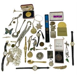 Silver horseshoe stick pin, silver cross pendant, silver-gilt Pobjoy Mint Earl Mountbatten of Burma commemorative medal, a collection of costume jewellery including brooches, necklaces and wristwatches and three base metal vesta cases 