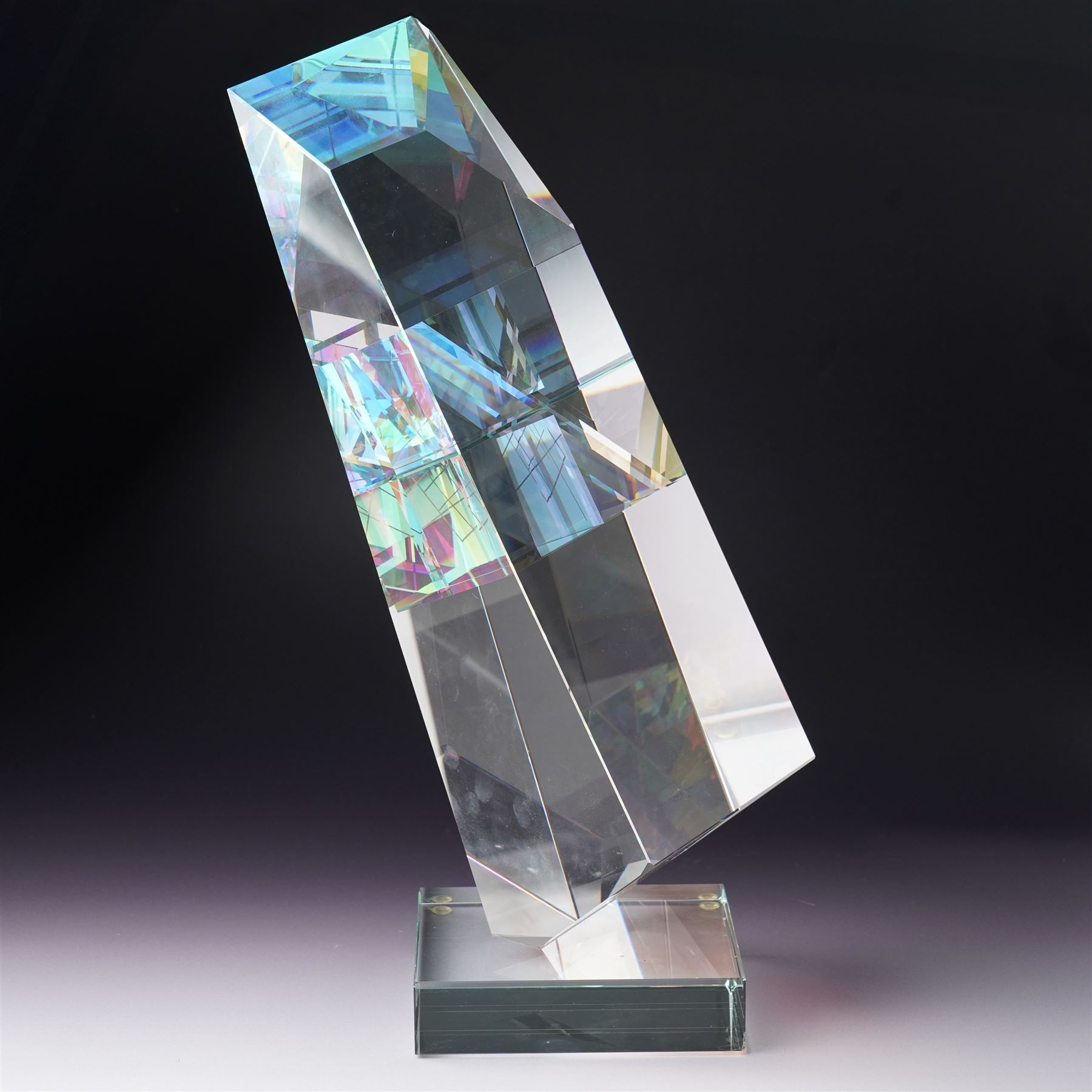 Toland Sand (American Contemporary): The Wedge - sculptural form made from cut, ground, polished and laminated optical glass with dichroic glass inclusions, signed and numbered 1225, 6-99. H39cm