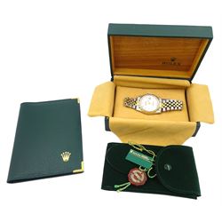 Rolex Oyster Perpetual gentleman's stainless steel and 18ct gold bracelet wristwatch, model No. 16233, serial No. A179880, white enamel dial and Jubilee bracelet, boxed with papers and service paper