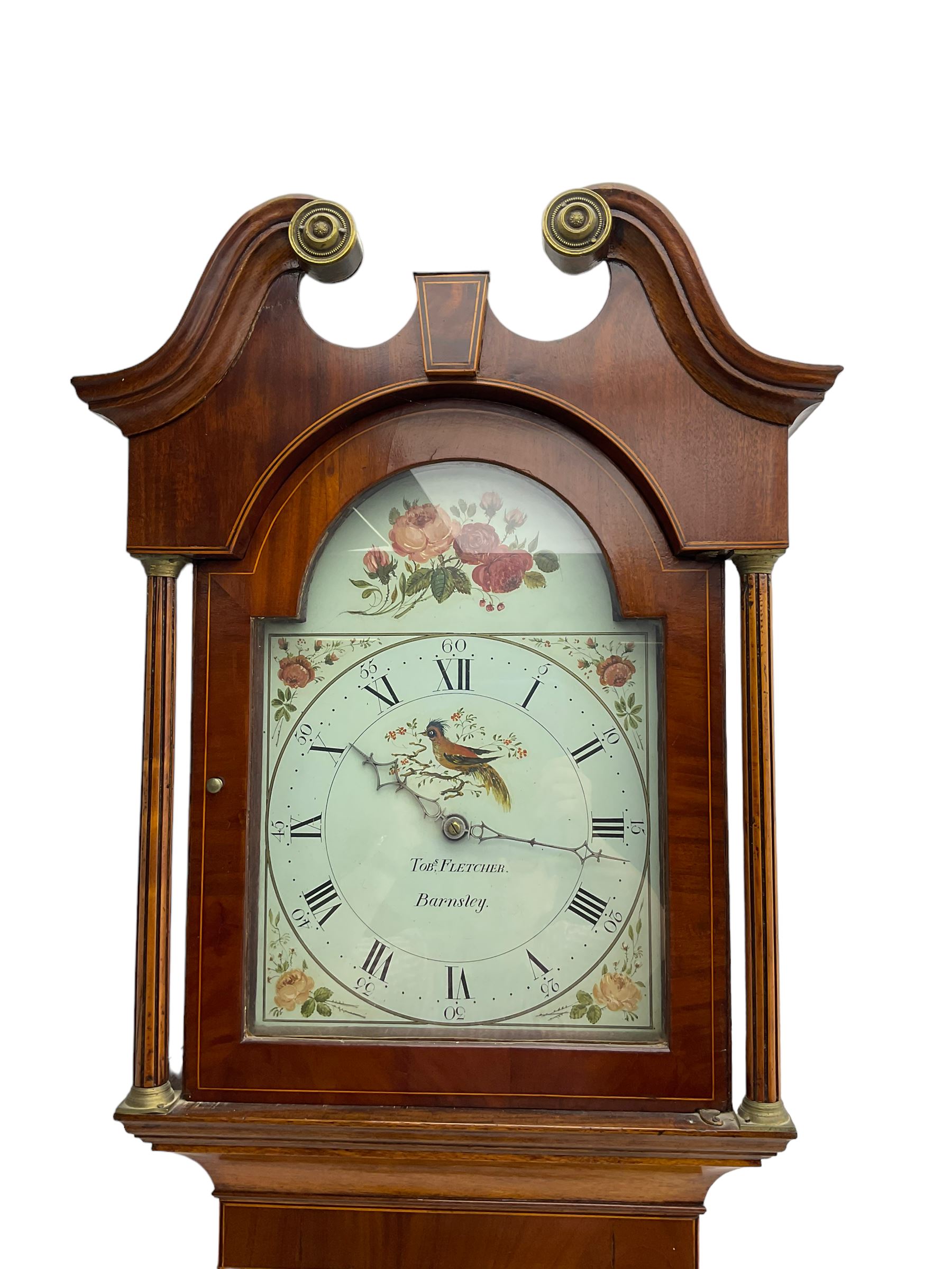 Tobias Fletcher of Barnsley -  late 18th century oak cased 30hr longcase clock with a swans neck pediment, brass paterie and finial, break arch dial flanked by reeded pilasters, trunk with a wavy topped door with inlay and crossbanding, conforming square plinth on decorative base, painted dial with flowers to the break arch and spandrels, Roman numerals, minute track, five minute Arabic's and matching steel hands, chain driven count wheel movement, with weight and pendulum.