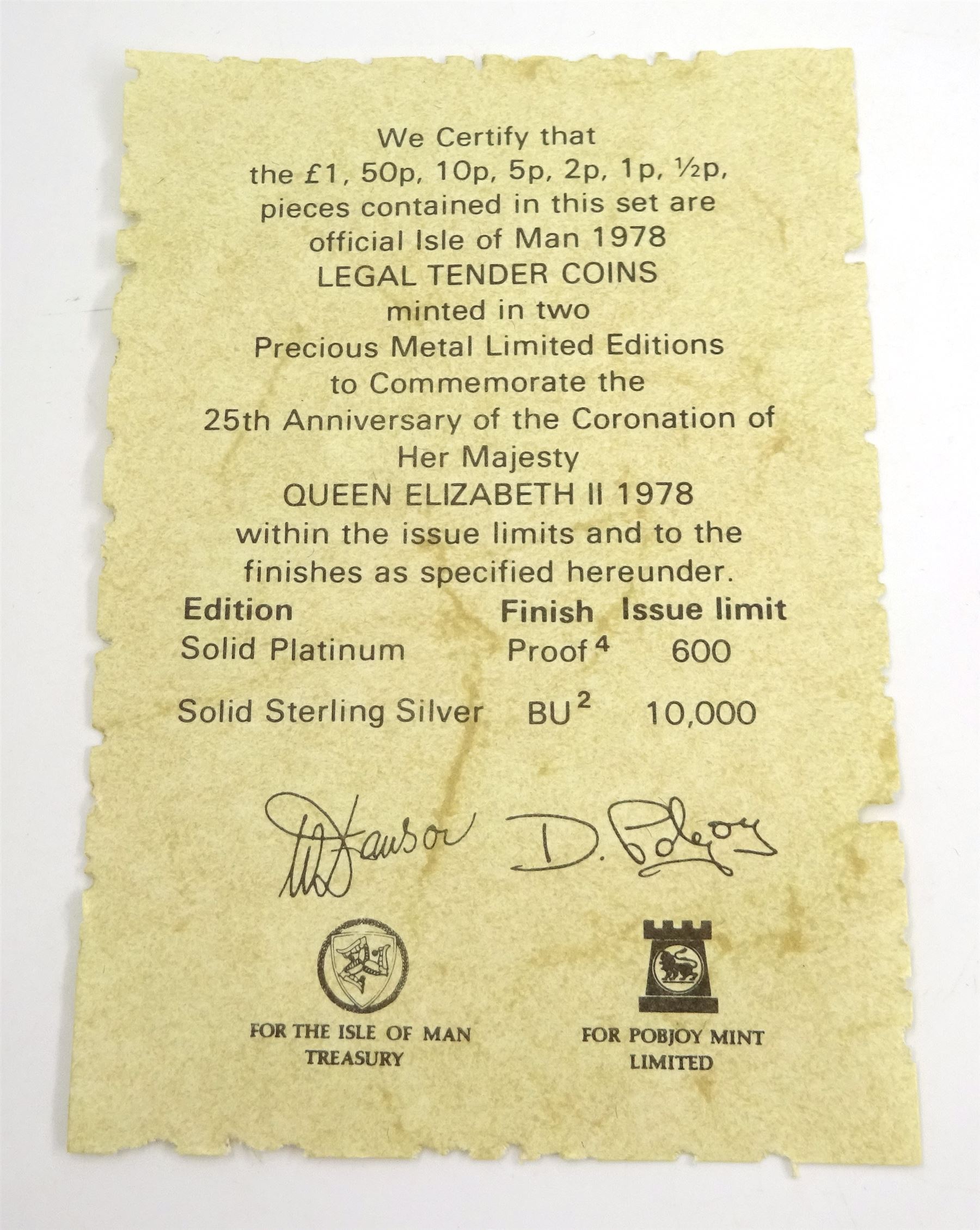 Queen Elizabeth II Isle of Man Pobjoy Mint 1978 silver coin collection, commemorating the 25th anniversary of the Coronation of Her Majesty Queen Elizabeth II, cased with certificate