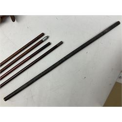 George V 1897 pattern Infantry officers sword, the 82cm single fullered blade with traces of etched detail and George V crown cipher, the ricasso marked Hawksworth Sheffield, pierced half basket hilt with George V cypher, wire-bound fish-skin grip with brass pommel and backstrap; in leather scabbard L102cm overall; together with two sectional gun cleaning rods; swagger stick made of leather strips etc