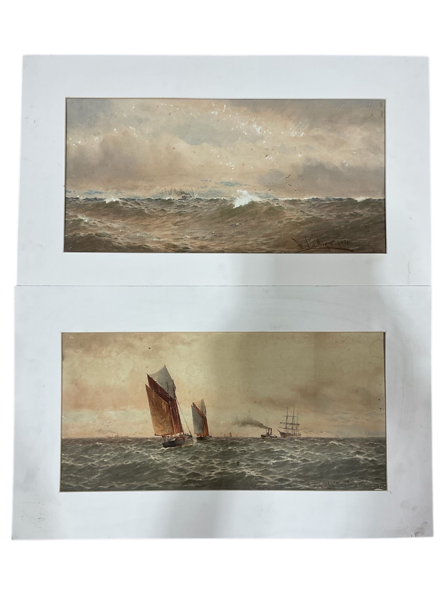 William Thomas Nichols Boyce (British 1858-1911): Shipping Scenes, pair watercolours signed and dated 1904, 25cm x 52cm (unframed)