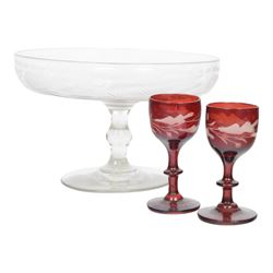 19th century and later glass, including etched tazza, jug, six punch cups, Irish decanter and two coloured glasses