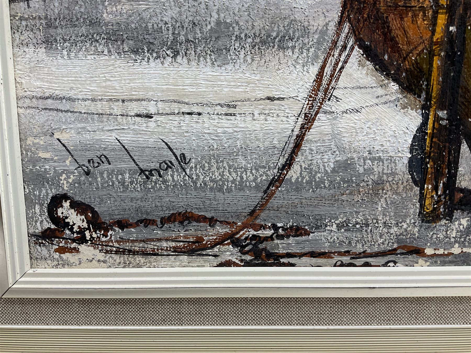 Ben Maile (British 1922-2017): Beached Fishing Boats, oil on board signed 42cm x 98cm