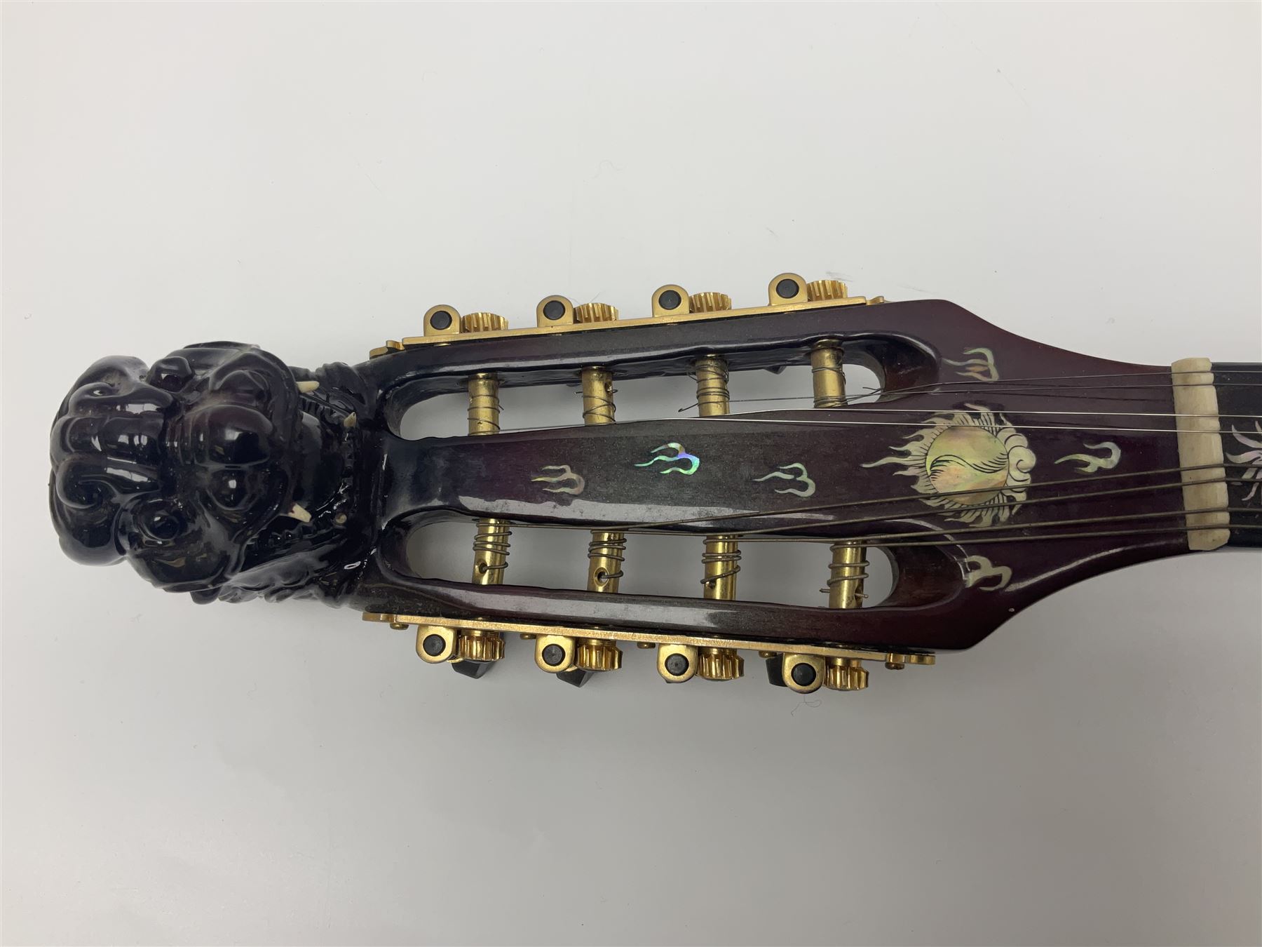 Chinese F-hole eight-string mandolin with sunburst finish, mother-of-pearl inlay of dragons chasing the flaming pearl and dragon carved headstock L71cm