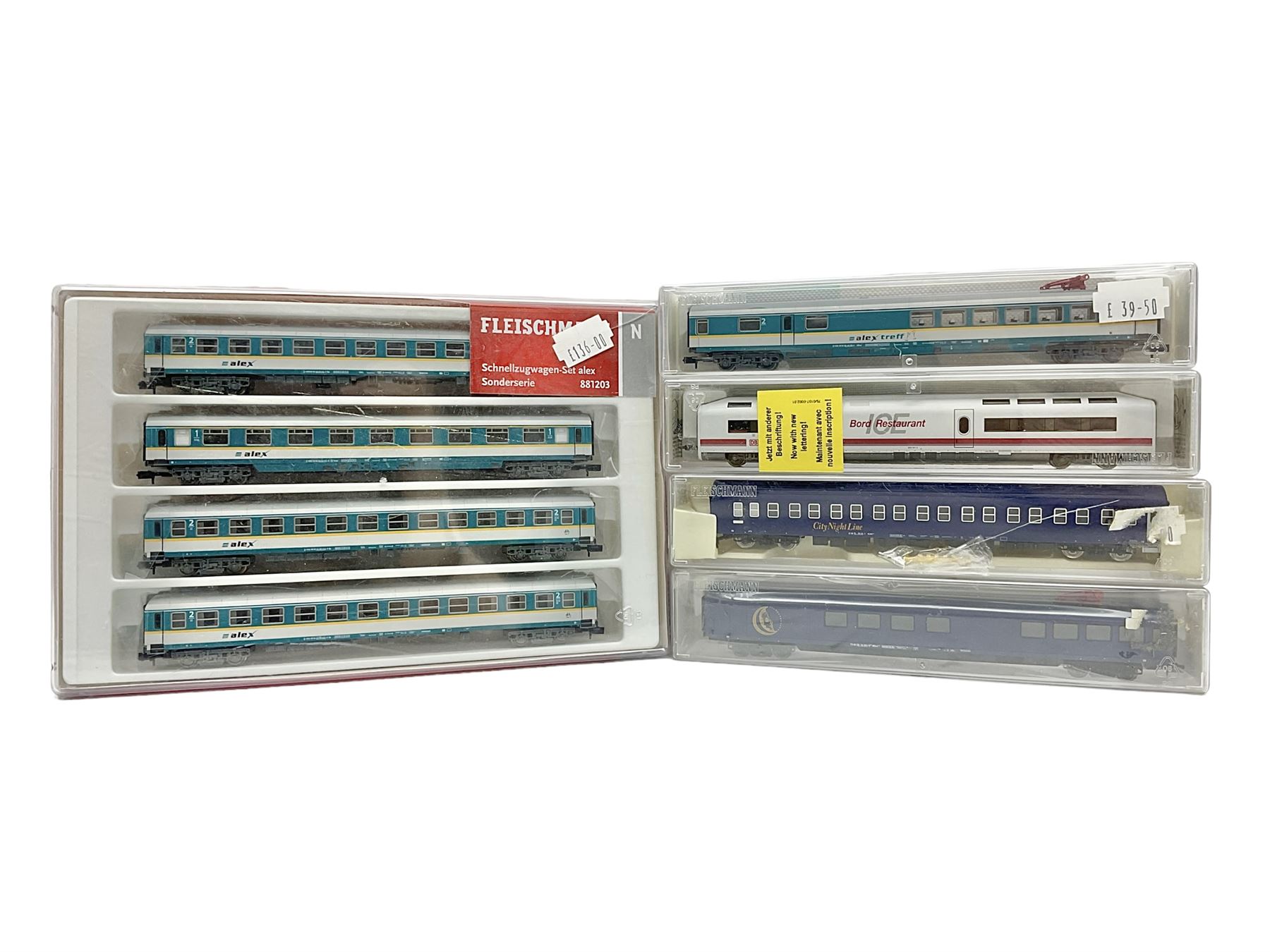 Fleischmann 'N' gauge - No.881203 Schnellzugwagen-Set alex Sonderserie; another Alex restaurant car with pantograph over No.816202; and three other passenger coaches/restaurant car Nos.7444K, 860601 & 860701; all boxed (5)