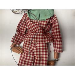 Pelham Puppet - a rare type SM Harlequin circa 1950s with painted black face mask, black felt hat, green ruff and red white chequered suit, H31cm; in original box with instructions 
