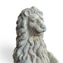 Pair of cast stone Heraldic lions, modelling in upright standing poses with flowing mane, each clasping an Armorial shield moulded with a crowned lion in their forepaws, raised on rectangular pedestals