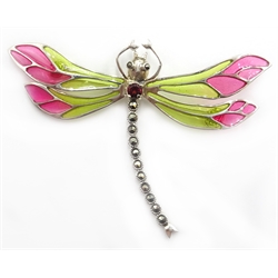 Silver plique-a-jour, marcasite and garnet dragonfly brooch, stamped 925