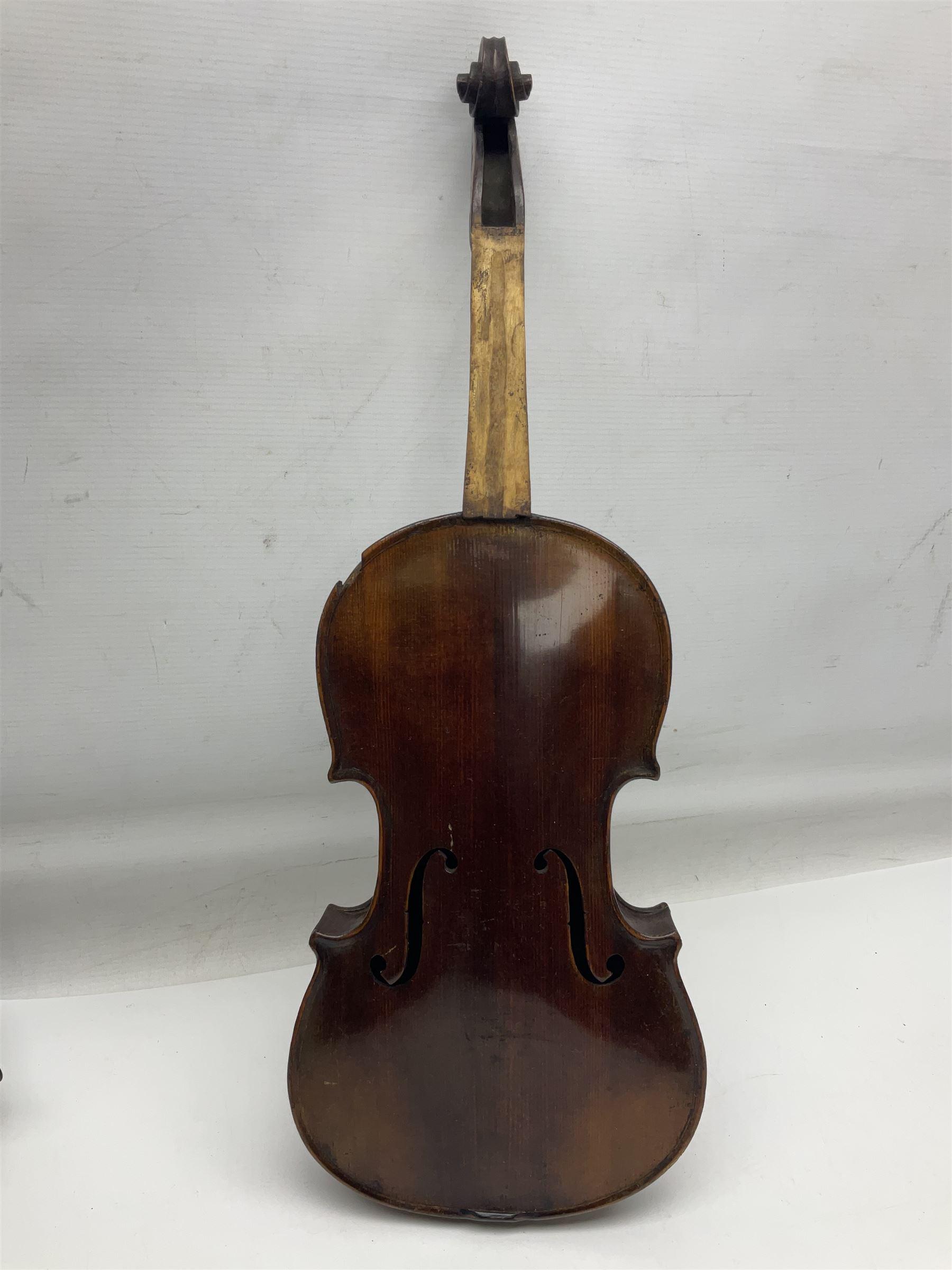 German trade violin c1900 stamped PAGANINI with 35.5cm two-piece maple back and ribs and spruce top L58.5cm overall; in carrying case; and another German trade violin for spares or repair; in carrying case (2)