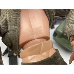 Action Man - five figures marked on the back 'Made in England by Palitoy under licence from Hasbro 1964', one dressed as a German Stormtrooper, one as a Red Devil Pilot and three in army uniform; another similar action figure marked to the right buttock ' G.I. Joe Copyright 1964 by Hasbro Patent Pending Made in Canada' dressed in army uniform; together with an Action Man jeep, field gun, mortar and machine guns and other accessories including helmets and weapons, parachute, diving equipment, skis and snow shoes, boots, uniforms etc; all unboxed