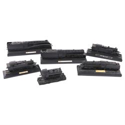 Six British coal models of trains, including Mallard, BR Mogul, Prairie Tank, etc