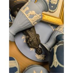 Collection of Wedgwood Jasperware, including vases, jars, framed plaques, etc and Josiah Wedgwood figure