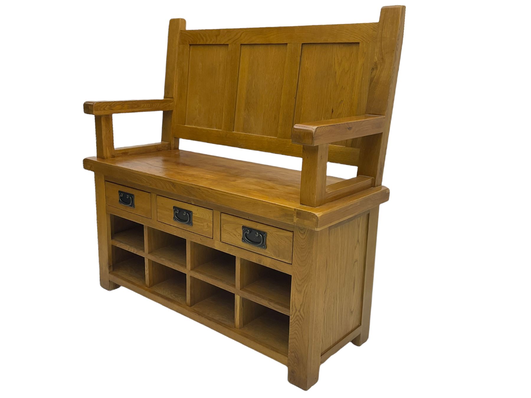 Light oak hall bench, tripled panelled back, fitted with drawers and shoe holes