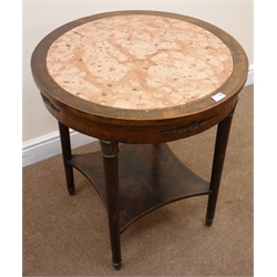  Early 20th century French oak marble top centre table, four turned supports joined by undertier, D65cm, H73cm  