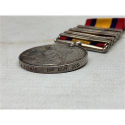 Queens South Africa Medal with five clasps for South Africa 1902/1901, Transvaal, Orange Free State and Cape Colony awarded to 4640 Pte. A. Farmer 1st Dgn. Gds. with ribbon and manuscript biographical details