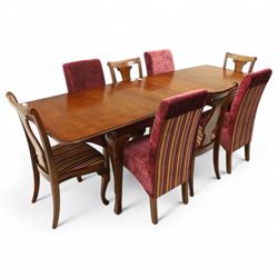 Willis & Gambier - mahogany extending dining table, rectangular top with rounded corners on cabriole legs, with two 35cm extension leaves, four Willis & Gambier upholstered high back chairs and four mahogany chairs, upholstered in a stripped multi-coloured velvet fabric, with scroll-shaped top rail, lyre-shaped back splat on cabriole legs, chairs W46xD91x97cm (11) 