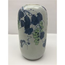 Chinese vase, decorated with vines and grapes and signed beneath, together with Chinese tea set of hexagonal form, comprising teapot and stand and six cups, vase H30cm